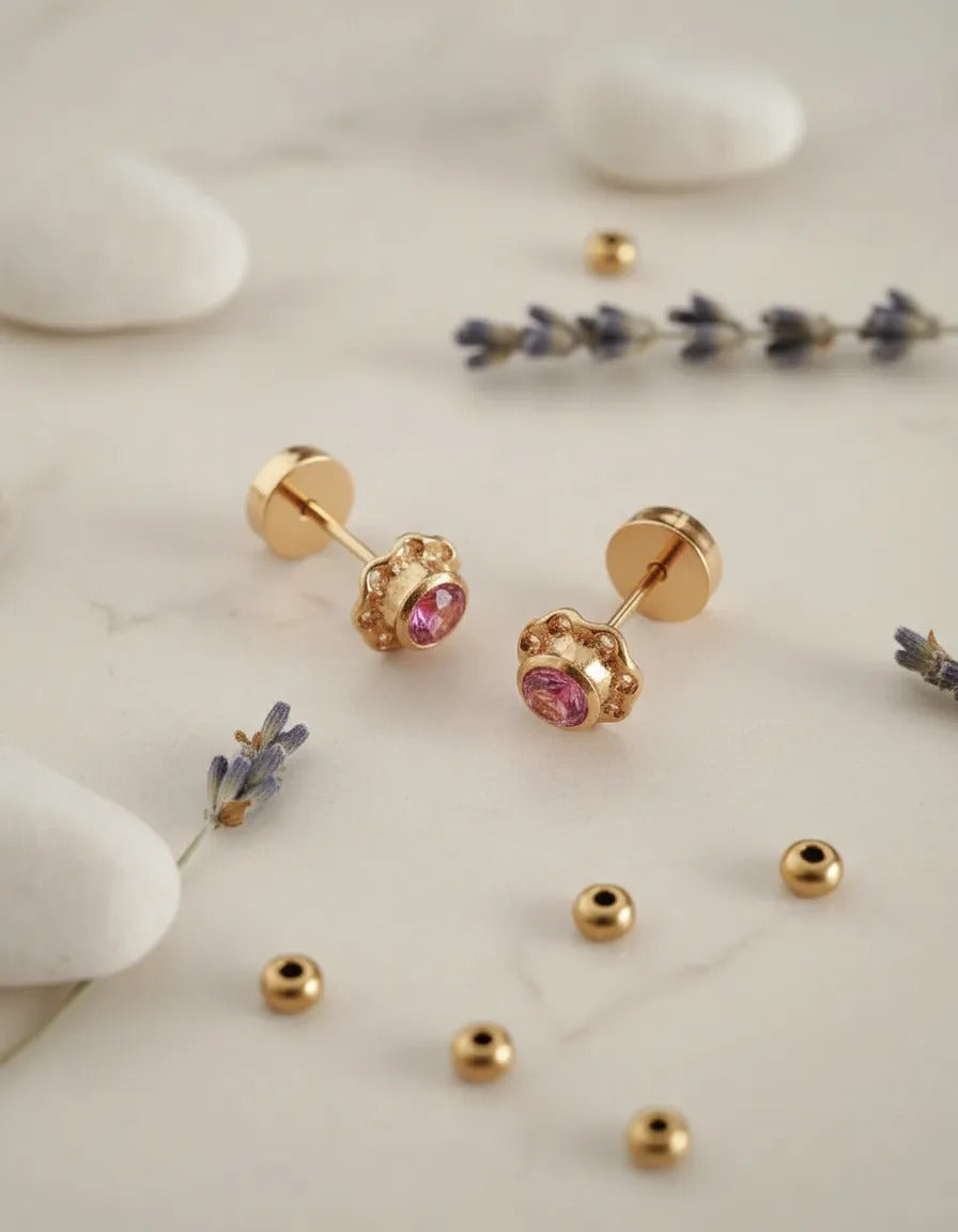 Abridores Rosa con Zirconia y Perno de Oro 18K