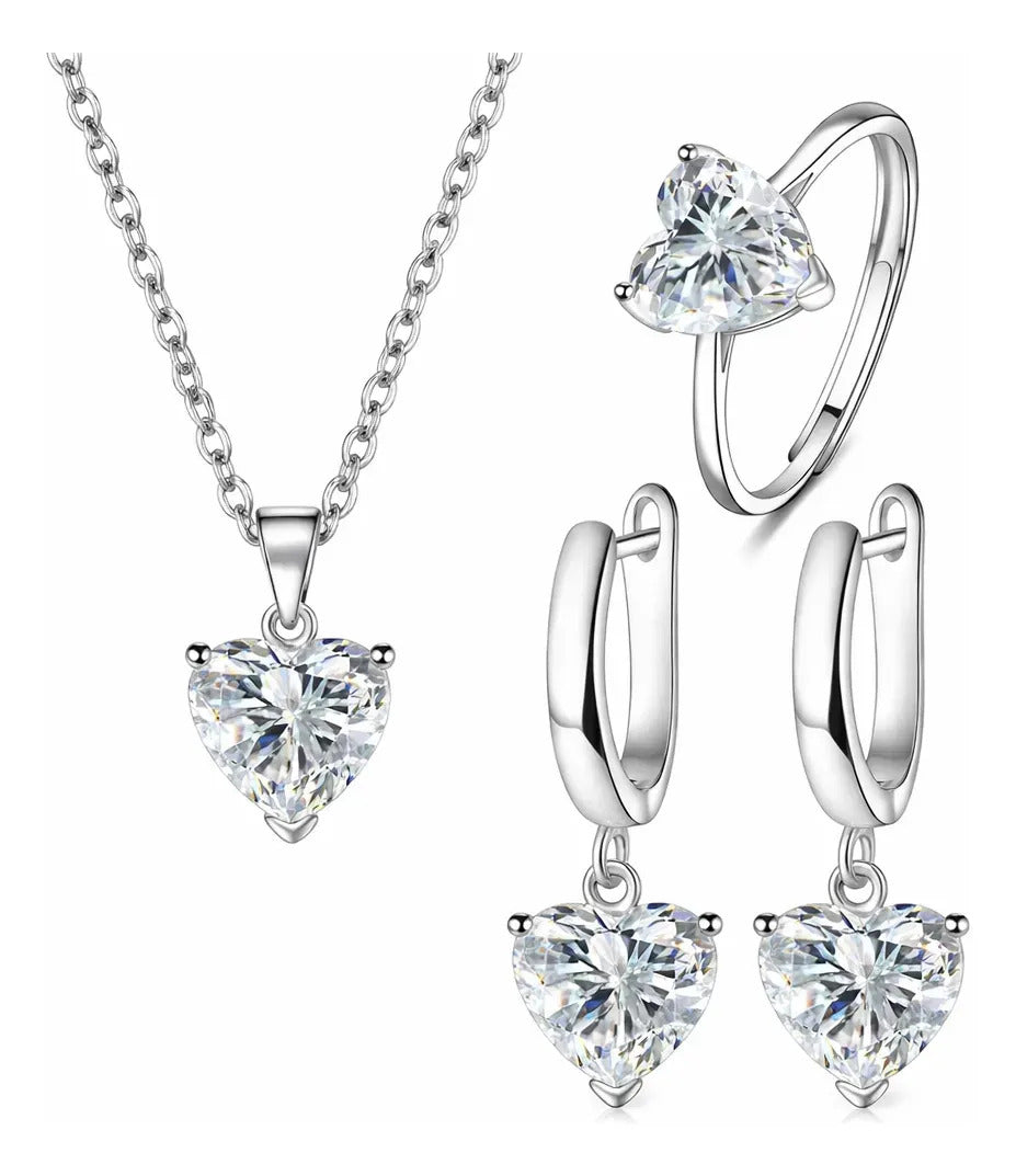 Set Corazón Blanco con Strass — Acabado Plateado