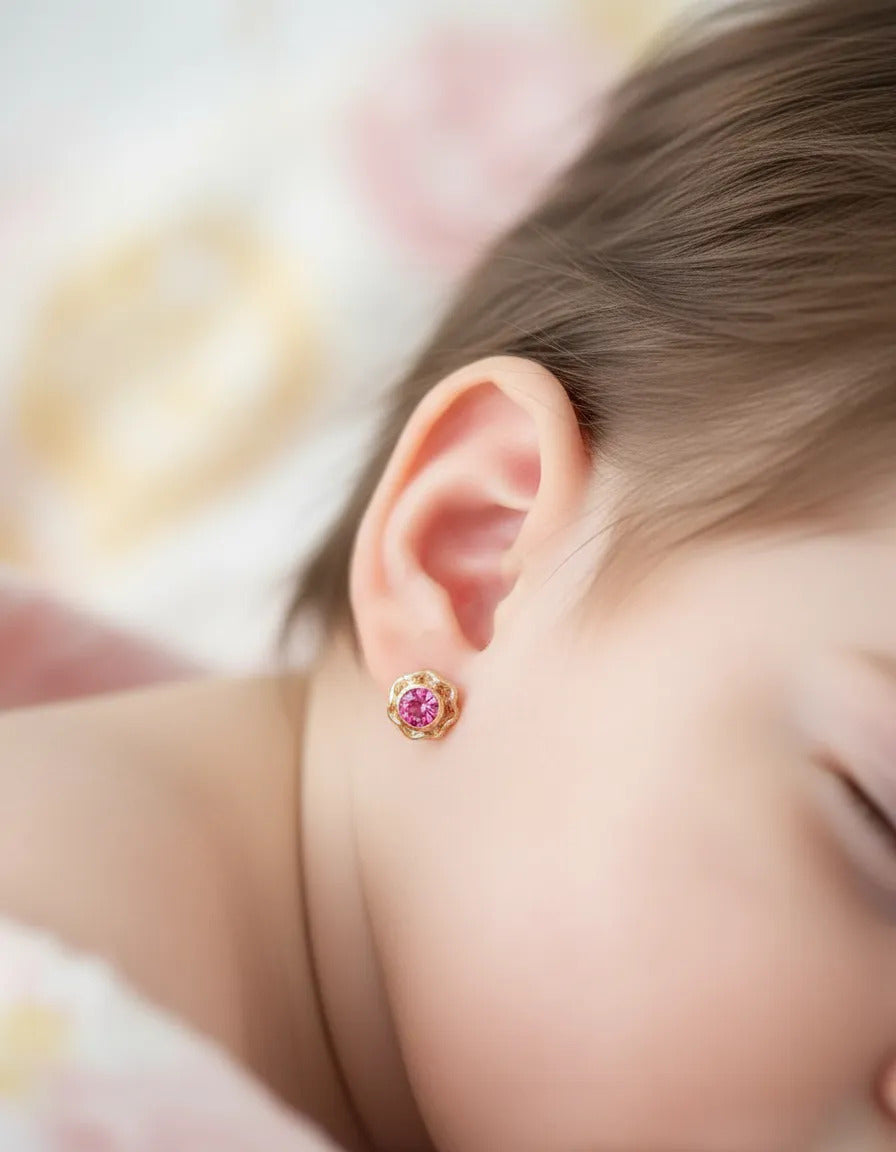 Abridores Rosa con Zirconia y Perno de Oro 18K